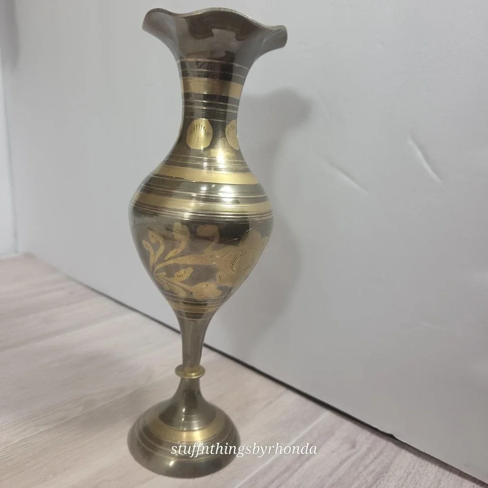 Vintage Etched Solid Brass Vase Made in India Ruffled Rim Floral Design 8 Inch